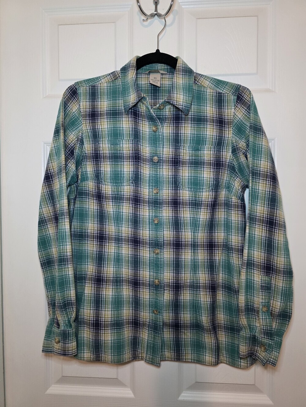 Duluth Trading Button Front Shirt  Blue Green Yellow Plaid Cotton Long Sleeve XS